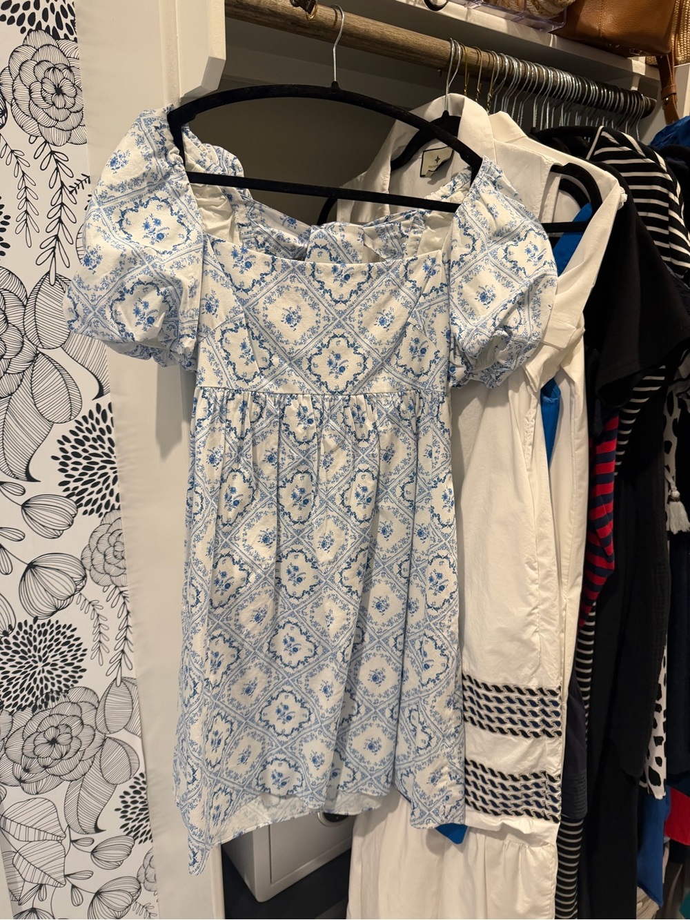 ANTONIO MELANI Blue and White Printed Puff-Sleeve Mini Dress